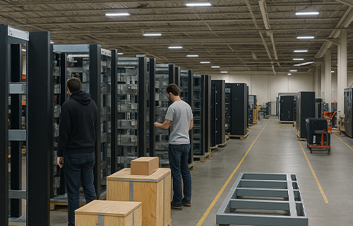 Two men building switchgear at Kratos Industries in Arvada Colorado